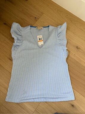 Michael Kors Light Blue & White Striped Ruffle Sleeve V‑Neck Top